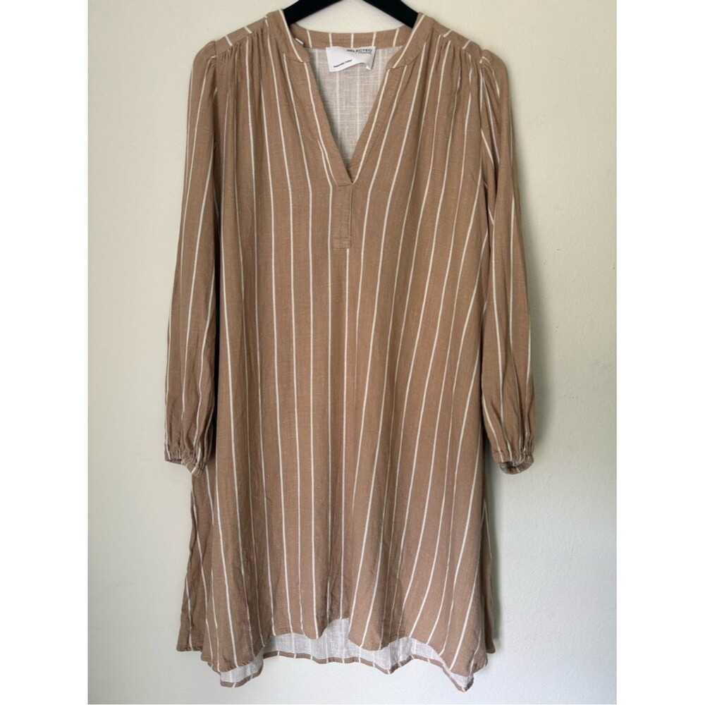 Selected Femme Linen Blend SLFVIVA Striped Tunic Dress EU 38 US M Tan/White